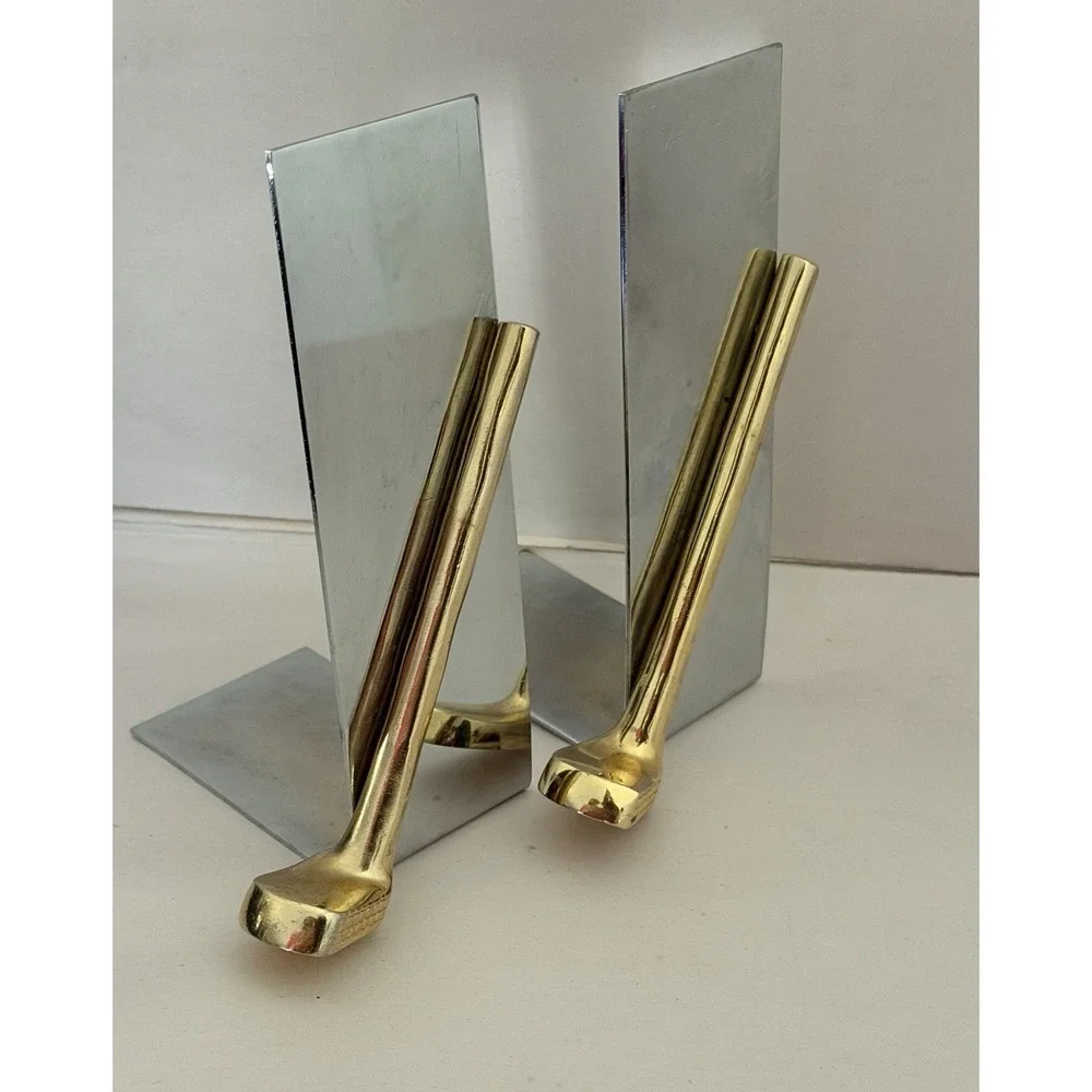 VTG MCM Chrome Golf Club Bookends Office Decor Silver Gold Metal Pair Retro Mod